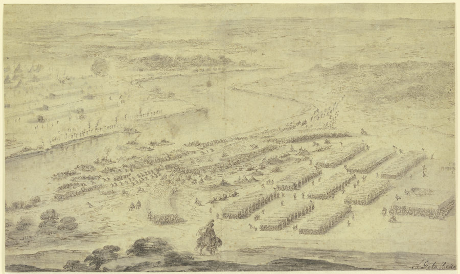 Eine Schlacht an einem Fluss, die eine Armee setzt auf Flößen über denselben de Stefano della Bella