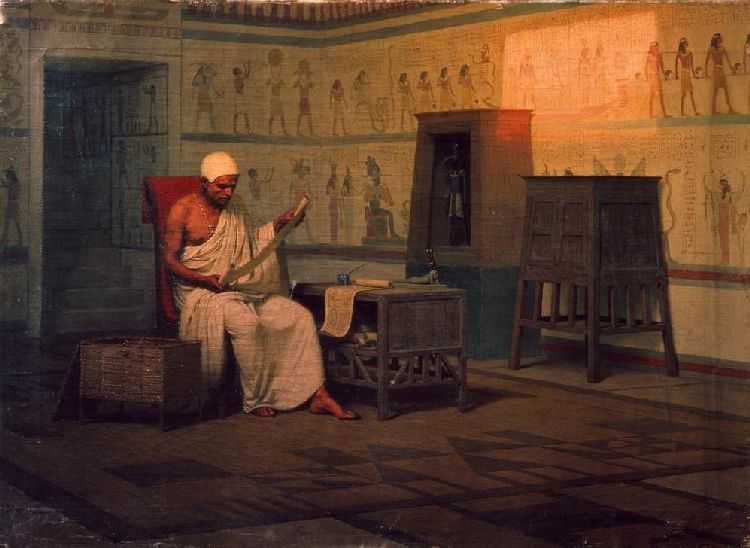 Egyptian priest reading a papyrus de Stepan Wladislawowitsch Bakalowitsch