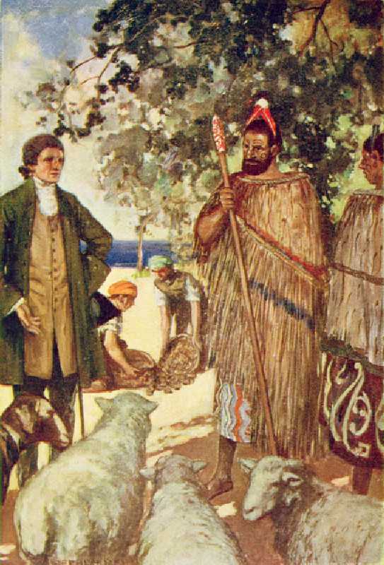 Captain Cook (1728-79) presents the natives with some sheep and goats, illustration from The Book of de Stephen Reid