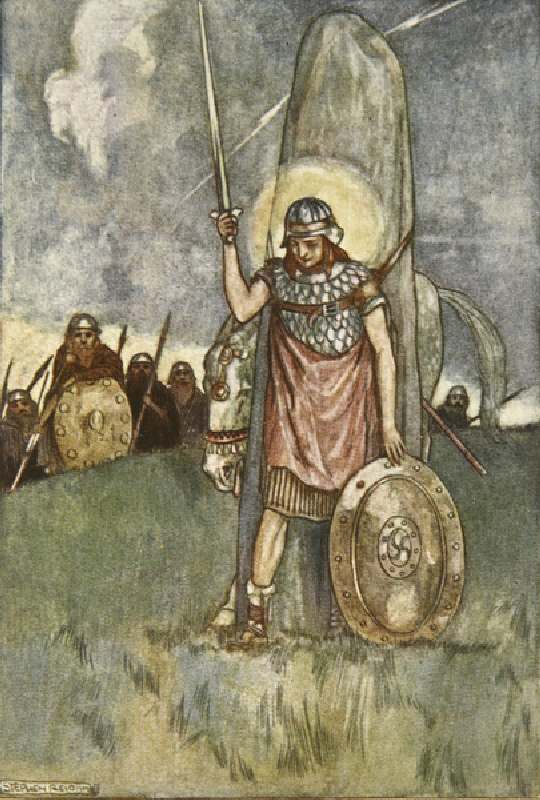 Cuchulain comes at last to his death, illustration from Cuchulain, The Hound of Ulster, by Eleanor H de Stephen Reid