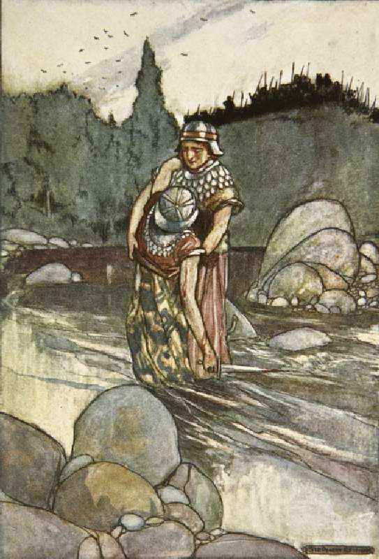 Ferdia falls by the Hand of Cuchulain, illustration from Cuchulain, The Hound of Ulster, by Eleanor  de Stephen Reid