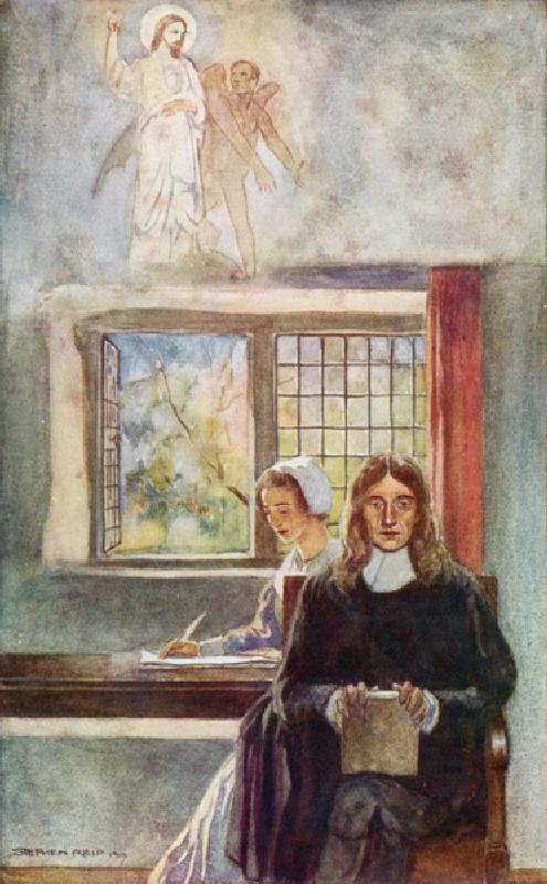John Milton dictating Paradise Lost to his daughter (colour litho) de Stephen Reid