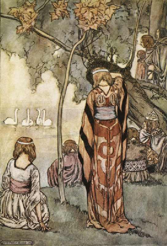 They made an encampment and the swans sang to them, illustration from The High Deeds of Finn, and ot de Stephen Reid