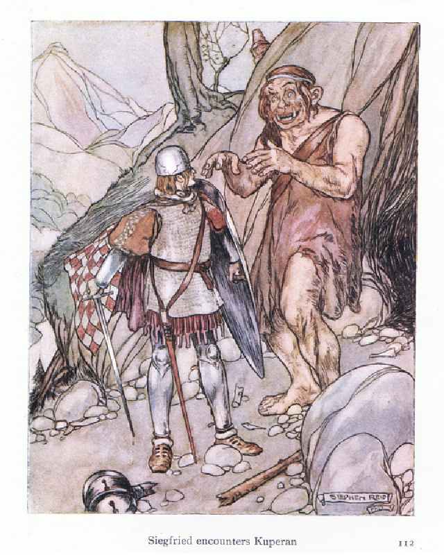 Siegfried encounters Kuperan (colour litho) de Stephen Reid