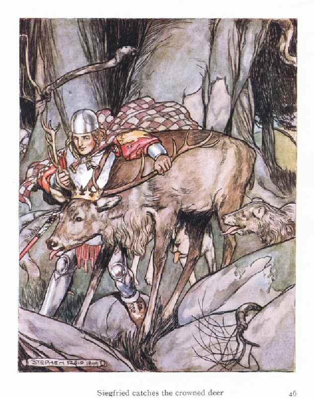 Siegried catches the crowned deer (colour litho) de Stephen Reid