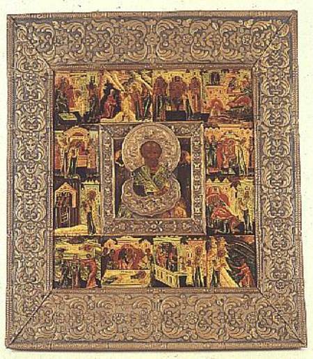 Russian icon depicting St.Nicholas, within a surround of 12 scenes from the life of Christ de Stroganov School