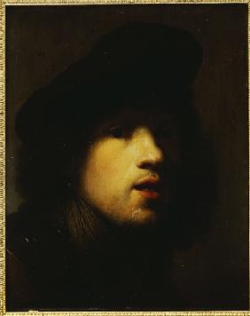 Portrait of the artist, head and shoulders, in a black beret and a gorget