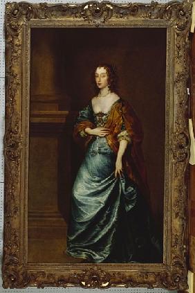 Portrait of Mary Villiers, Duchess of Lennox and Richmond, in a blue dress and brown wrap by a colum