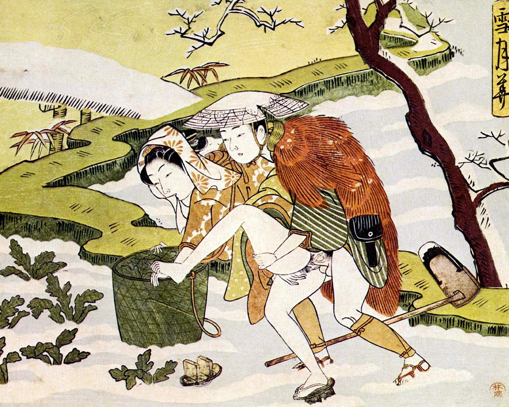 Shunga (Erotic woodblock print) From the Series "Setsugekka" (Snow, moon and flower) de Suzuki Harunobu