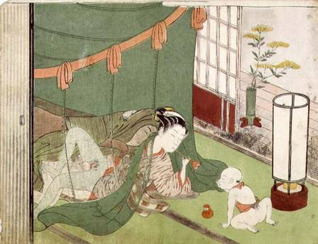 A 'Shunga', from a series of twenty four erotic prints: lovers, a man and a woman with a child looki de Suzuki Harunobu