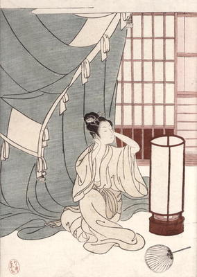 Young woman kneeling by her mosquito net, 1766 (colour woodblock print) de Suzuki Harunobu