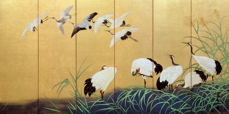 Six-Fold Screen Depicting Reeds and Cranes, Edo period, Japanese, 19th century de Suzuki Kiitsu