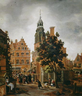 The Munt Tower with a Quack Praising his Merchandise, Amsterdam (oil on panel) de Sybrandt van Beest