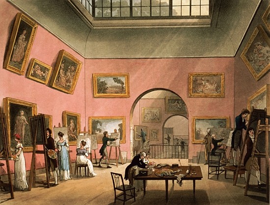Students learning to paint and making copies of pictures at the British Institution, Pall Mall, from de T.(1756-1827) Rowlandson