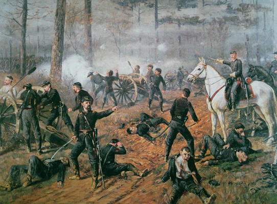 Captain Hickenlooper's battery in the Hornet's Nest at the Battle of Shiloh, April 1862 (colour lith de T. C. Lindsay