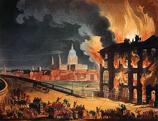 Fire at Albion Mill, Blackfriars Bridge, from Ackermann''s ''Microcosm of London'' c.1808-11 de T. Rowlandson