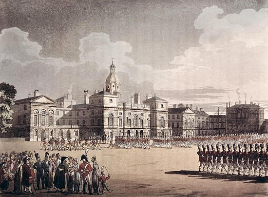 Mounting Guard at St. James''s Park; engraved by J. Bluck, pub. 1809Ackermann''s ''Repository of Art de T. Rowlandson