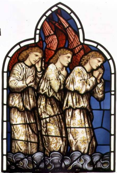 Three Angels, stained glass window removed from the east window of St. James' Church, Brighouse, Wes de The William Morris factory