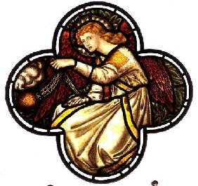Angel swinging a censer, stained glass window removed from the east window of St. James' Church, Bri