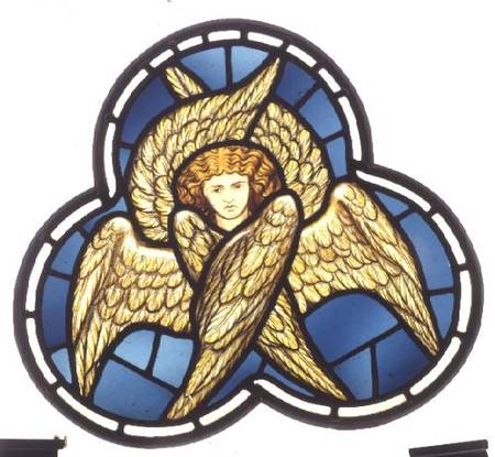 Many-winged Angel, stained glass window removed from the east window of St. James' Church, Brighouse de The William Morris factory