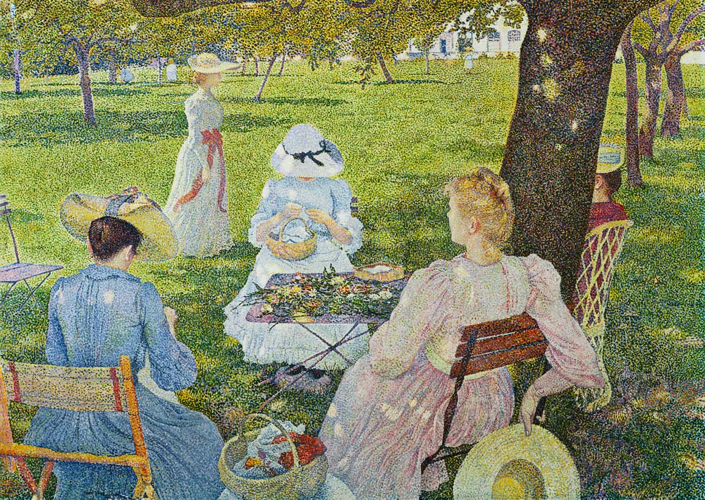 Family in the orchard de Theo van Rysselberghe