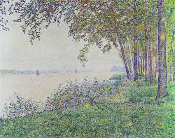 Riverside with sailing boats de Theo van Rysselberghe