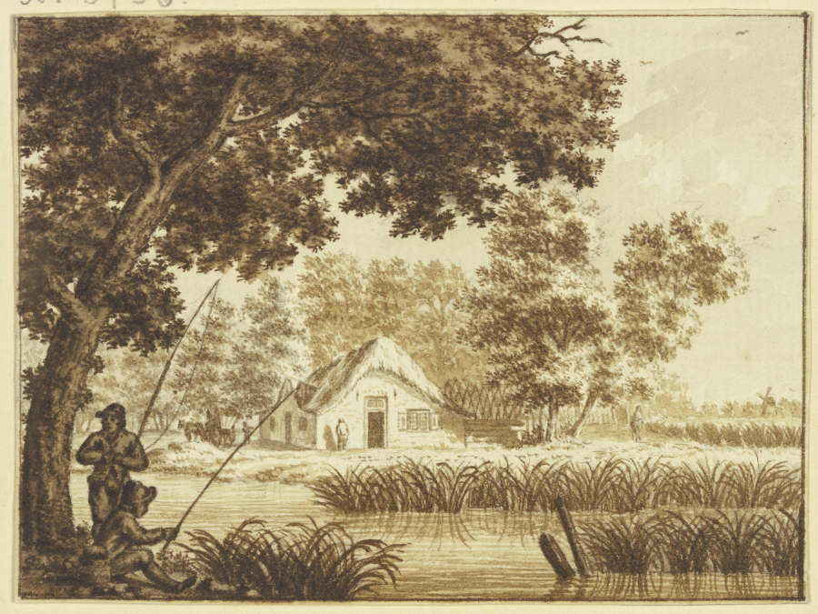 Landschaft, vorn ein Wasser, links zwei Angler de Theodor de Bruyn