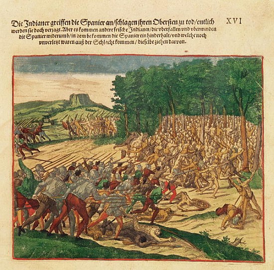 Battle between the Indians and the Spanish in which the Spanish colonel was beaten to death de Theodore de Bry