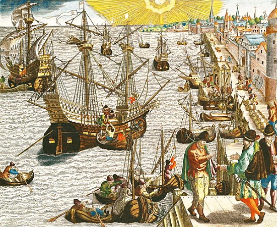 Departure from Lisbon for Brazil, the East Indies and America, illustration from ''Americae Tertia P de Theodore de Bry
