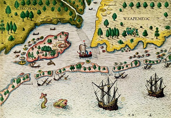The Arrival of the English in Virginia, from ''Admiranda Narratio..'', 1585-88 de Theodore de Bry