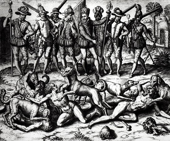 The dogs of Vasco Nunez de Balboa (1475-1571) attacking the Indians de Theodore de Bry