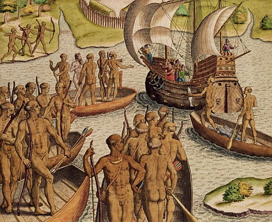 ''The Lusitanians send a second Boat towards me'', from ''Americae Tertia Pars...'' de Theodore de Bry