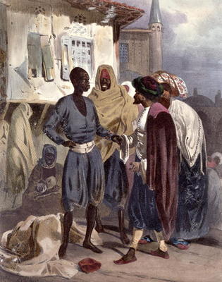 The Slave Market at Ak-Hissar, Turkey, c.1830-35 (colour litho) de Theodore Leblanc