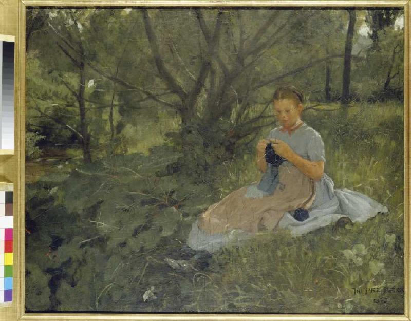 Knitting girl in the greenery de Theophil Preiswerk