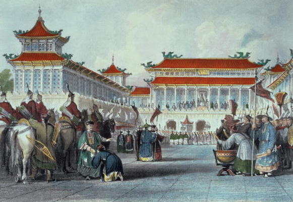 The Emperor Teaon-Kwang Reviewing his Guards, Palace of Peking, from 'China in a Series of Views' by de Thomas Allom
