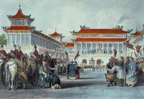 The Emperor Teaon-Kwang Reviewing his Guards, Palace of Peking, from 'China in a Series of Views' by