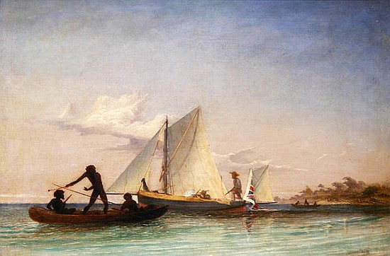 The Long Boat of the Messenger attacked Natives de Thomas Baines