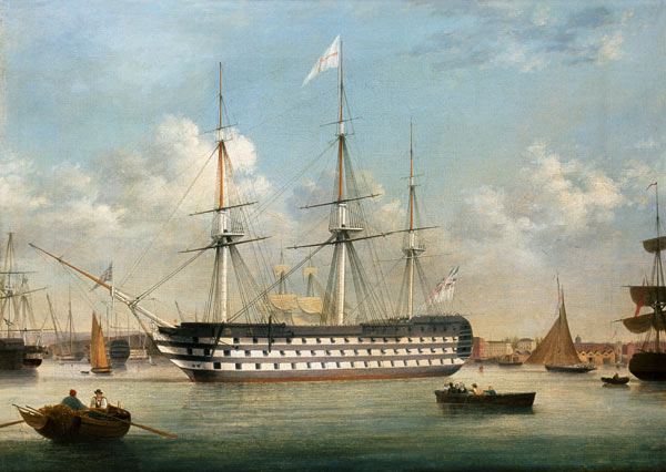 H.M.S. Britannia lying off Plymouth de Thomas Buttersworth
