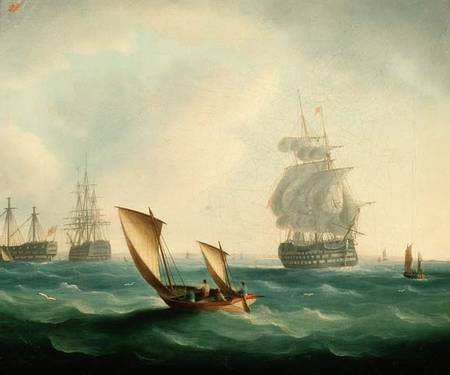 British Men-o'-war and a Hulk in a Swell, a Sailing Boat in the Foreground de Thomas Buttersworth