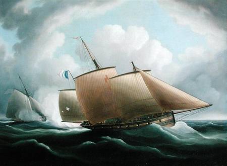 A French Lugger Pursued by an English Cutter de Thomas Buttersworth