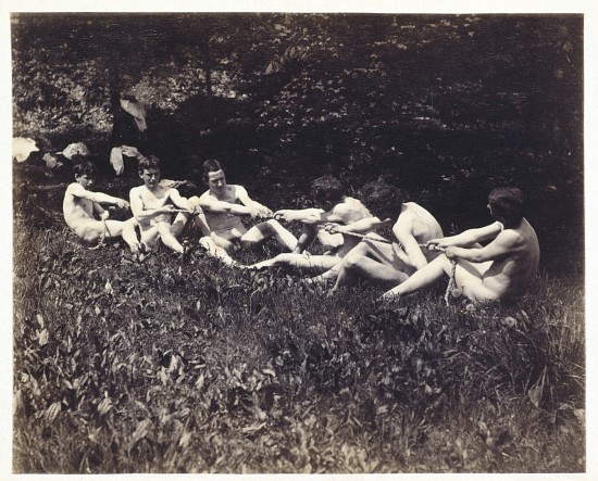 Males nudes in a seated tug-of-war de Thomas Eakins