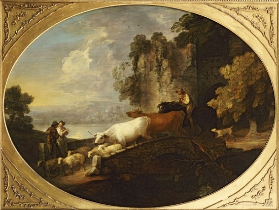 A River Landscape with Rustic Lovers, a Mounted Herdsman Driving Cattle and Sheep over a Bridge with de Thomas Gainsborough