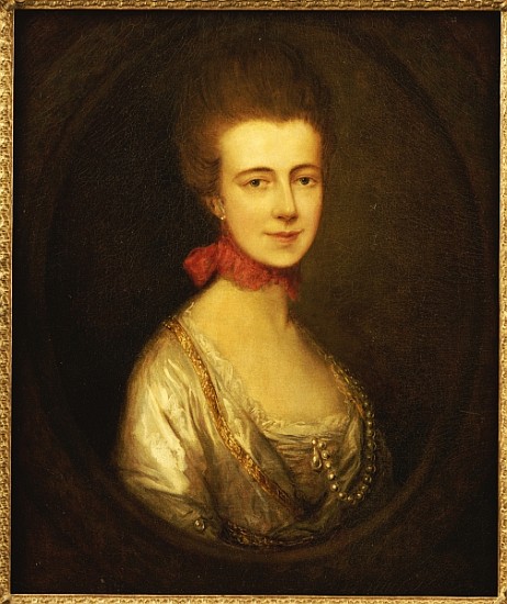 Portrait of Miss Boone, wearing a white dress with gold embroidery and pearl chain, a red ribbon aro de Thomas Gainsborough