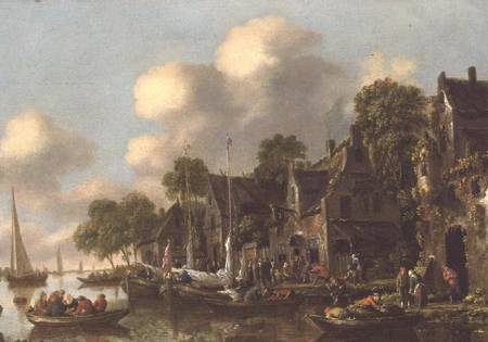 A river landscape with boats and figures by a tavern de Thomas Heeremans