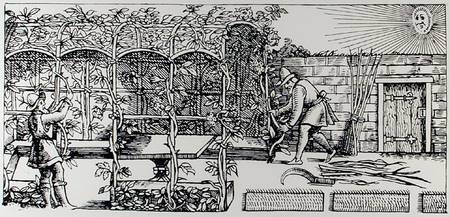 Arbour being built as a shade against the sun, from 'The Gardener's Labyrinth' de Thomas Hill