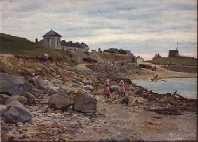 Kingsland, Cornwall, with two girls on a beach