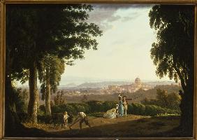 “Elegant figures on a hillside with a distant view of Rome”