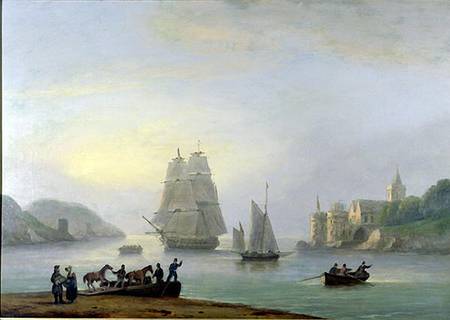 A Brig Entering Dartmouth Harbour, with a Ferry in the Foreground de Thomas Luny