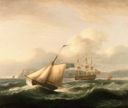 A Two-Decker Anchored in Torbay Harbour, with a Cutter in the Foreground de Thomas Luny