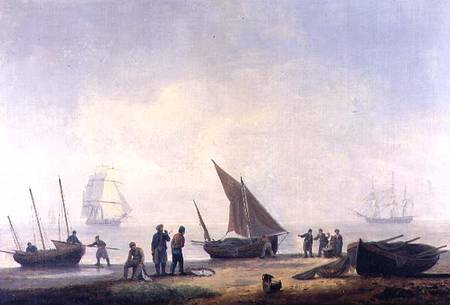 Fisherfolk on a Beach, with Vessels Offshore de Thomas Luny